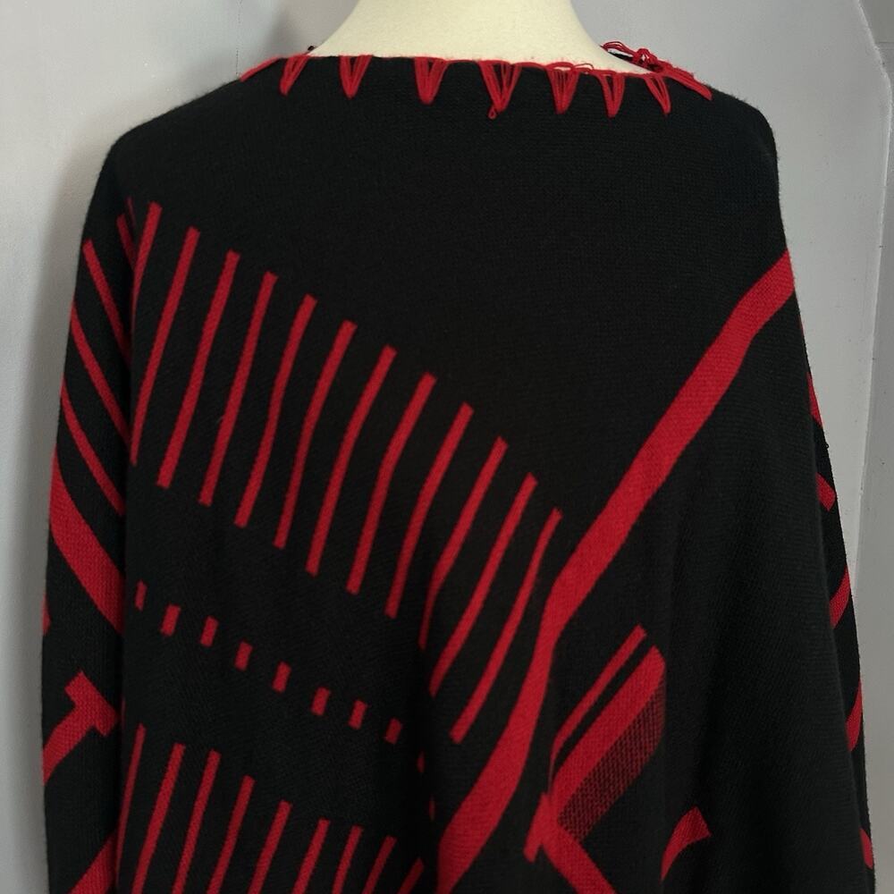 Kensie Red Black Southwestern Fringe Poncho Sweater Reversible Shawl Holiday O/S - Picture 9 of 11